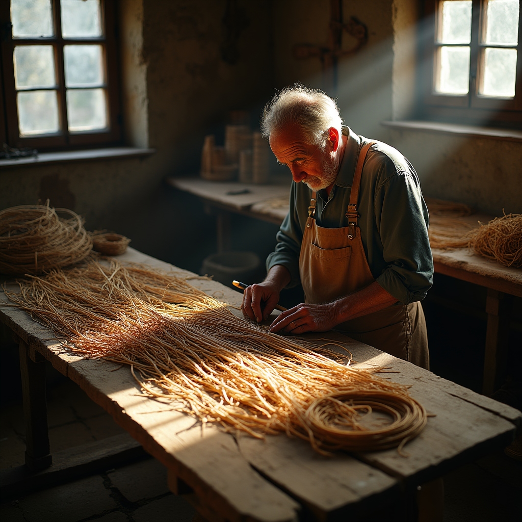 Artisan vannier travaillant sur un panier traditionnel