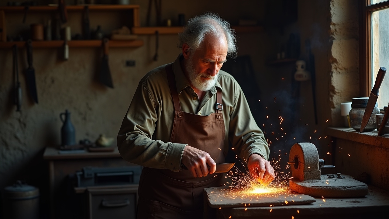 Rémouleur travaillant dans son atelier traditionnel